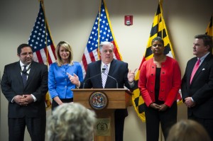 Maryland Gov.-elect Larry Hogan, center, announces four cabinet secretaries from left, Sam J. Abed, Department of Juvenile Services; Del. Kelly M. Schulz (R-Frederick), Secretary of Labor; C. Gail Bassette, Department of General Services; and James D. Fielder, Jr., Secretary of Appointments, on Wednesday in Annapolis. (Katherine Frey/The Washington Post)